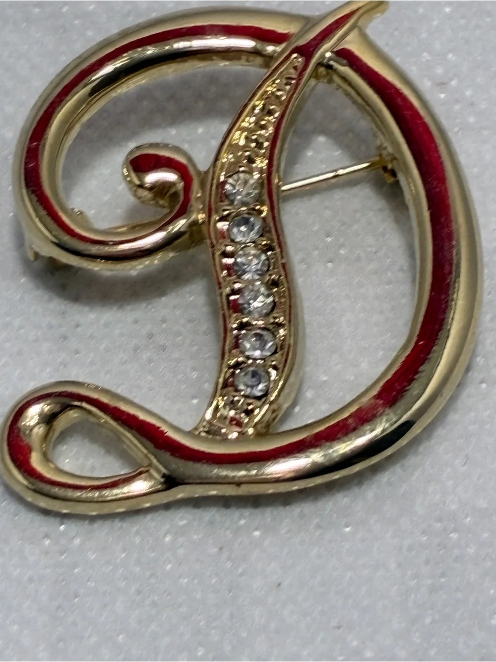 Gold-Tone 'D' Initial Brooch with Rhinestone Accents
